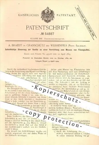 original Patent - A. Braedt in Granschütz bei Weissenfels , 1889 , Steuerung der Ventile beim Messen von Flüssigkeiten !