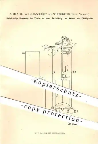 original Patent - A. Braedt in Granschütz bei Weissenfels , 1889 , Steuerung der Ventile beim Messen von Flüssigkeiten !