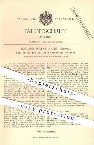 original Patent - Edouard Bolens in Genf , Schweiz , 1890 , Entleeren verkorkter Flaschen , Kork , Wein , Flasche !!!