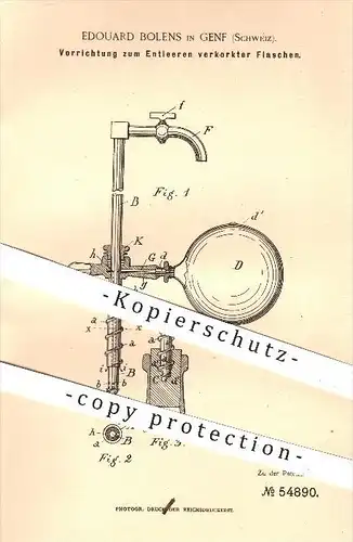 original Patent - Edouard Bolens in Genf , Schweiz , 1890 , Entleeren verkorkter Flaschen , Kork , Wein , Flasche !!!