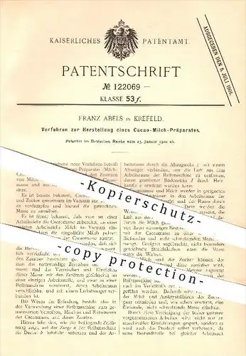 original Patent - Franz Abels in Krefeld , 1900 , Herstellung von Kakao - Milch , Schokolade , Getränke , Zucker !!!