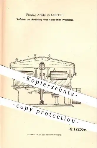 original Patent - Franz Abels in Krefeld , 1900 , Herstellung von Kakao - Milch , Schokolade , Getränke , Zucker !!!