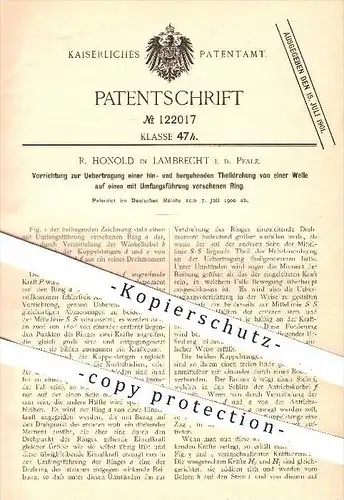 original Patent - R. Honold in Lambrecht , 1900 , Übertragung einer Teildrehung von einer Welle auf einen Ring !!!