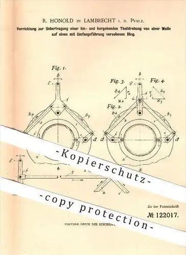 original Patent - R. Honold in Lambrecht , 1900 , Übertragung einer Teildrehung von einer Welle auf einen Ring !!!