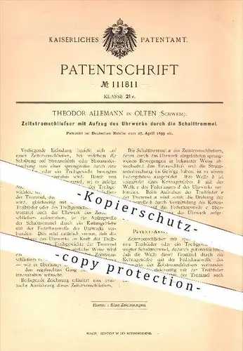 original Patent - Theodor Allemann in Olten , Schweiz , 1899 , Zeitstromschließer mit Aufzug vom Uhrwerk , Uhr , Uhren