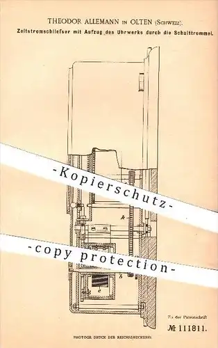 original Patent - Theodor Allemann in Olten , Schweiz , 1899 , Zeitstromschließer mit Aufzug vom Uhrwerk , Uhr , Uhren