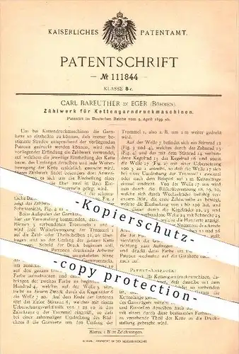 original Patent - Carl Bareuther in Eger , Böhmen , 1899 , Zählwerk für Kettengarndruckmaschinen , Garn !!!