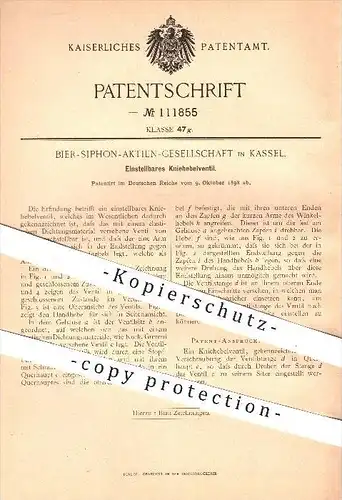 original Patent - Bier Siphon AG in Kassel , 1898 , Einstellbares Kniehebeventil , Ventil , Ventile !!!
