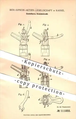 original Patent - Bier Siphon AG in Kassel , 1898 , Einstellbares Kniehebeventil , Ventil , Ventile !!!