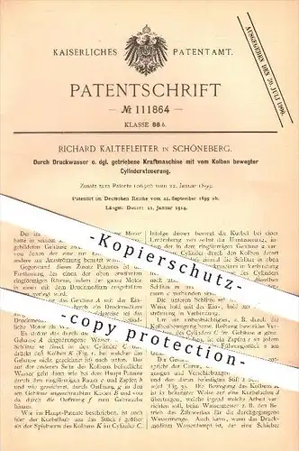 original Patent - Richard Kaltefleiter in Schöneberg , Durch Druckwasser getriebene Kraftmaschine , Motor , Motoren !!!