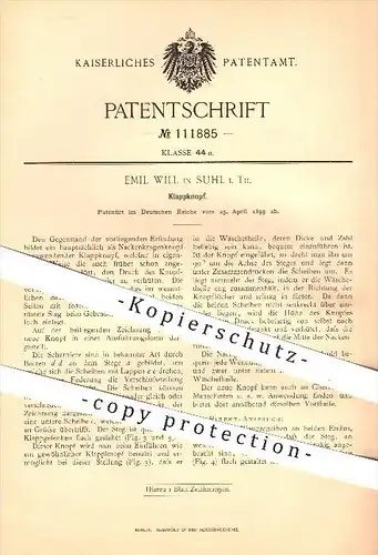original Patent - Emil Will in Suhl , 1899 , Klappknopf , Knopf , Knöpfe , Manschetten , Bekleidung , Kurzwaren !!!
