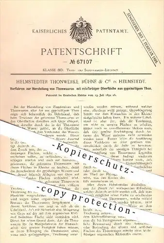 original Patent - Helmstedter Tonwerke, Rühne & Cie in Helmstedt , 1892 , Herstellung von Tonwaren aus gipshaltigen Ton