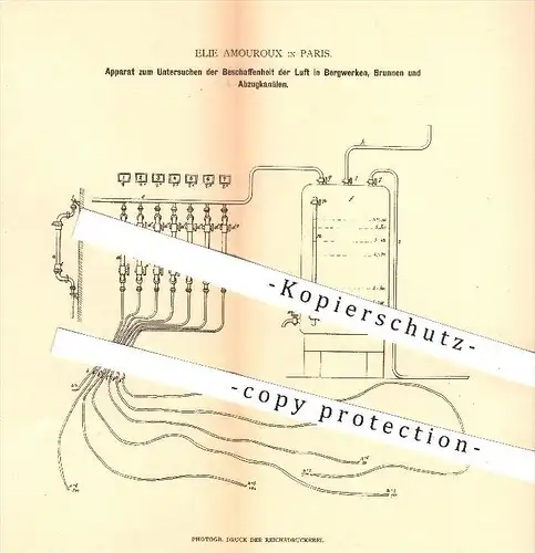original Patent - Elie Amouroux in Paris , 1879 , Beschaffenheit der Luft im Bergwerk , Bergbau , Brunnen , Kanäle !!!