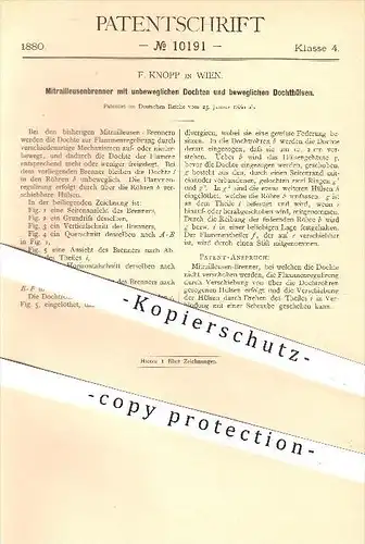 original Patent - F. Knopp in Wien , 1880 , Mitrailleusenbrenner , Brenner , Docht , Beleuchtung , Licht , Lampen !!!