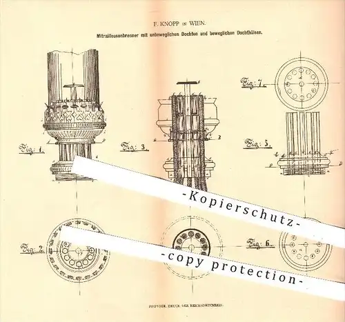 original Patent - F. Knopp in Wien , 1880 , Mitrailleusenbrenner , Brenner , Docht , Beleuchtung , Licht , Lampen !!!