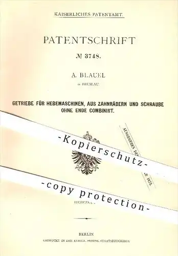 original Patent - A. Blauel in Breslau , 1878 , Getriebe für Hebemaschinen , Zahnräder , Zahnrad , Hebezeuge !!!