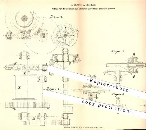 original Patent - A. Blauel in Breslau , 1878 , Getriebe für Hebemaschinen , Zahnräder , Zahnrad , Hebezeuge !!!