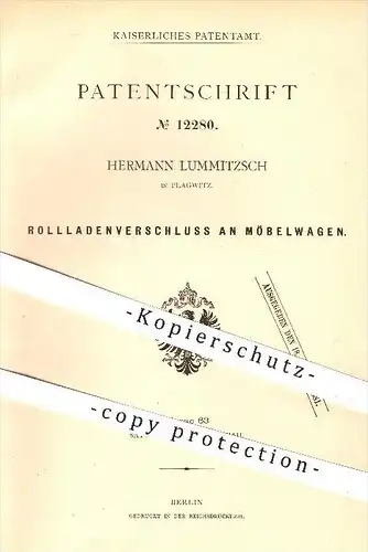 original Patent - Hermann Lummitzsch in Plagwitz , 1880 , Rollladenverschluss an Möbelwagen , Verschluss , Möbel !!!