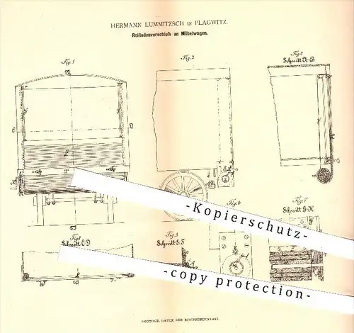 original Patent - Hermann Lummitzsch in Plagwitz , 1880 , Rollladenverschluss an Möbelwagen , Verschluss , Möbel !!!
