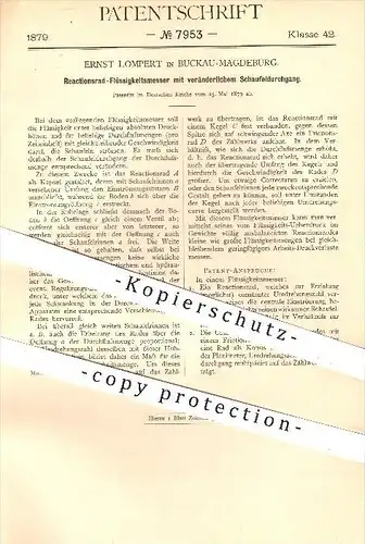 original Patent - Ernst Lompert in Buckau - Magdeburg , 1879 , Reaktionsrad - Flüssigkeitsmesser , Schaufel , Zählwerk