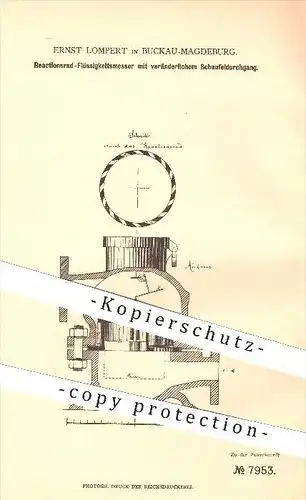 original Patent - Ernst Lompert in Buckau - Magdeburg , 1879 , Reaktionsrad - Flüssigkeitsmesser , Schaufel , Zählwerk