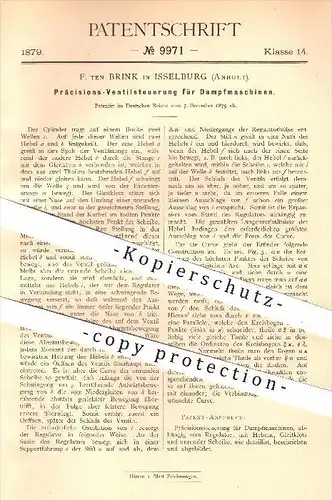 original Patent - F. ten Brink in Isselburg , 1879 , Präzisions-Ventilsteuerung für Dampfmaschinen , Dampfmaschine !!!