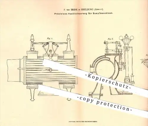 original Patent - F. ten Brink in Isselburg , 1879 , Präzisions-Ventilsteuerung für Dampfmaschinen , Dampfmaschine !!!