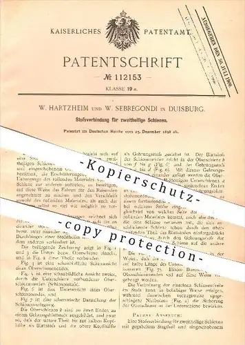 original Patent - W. Hartzheim und W. Sebregondi , Duisburg , 1898 , Stoßverbindung für zweiteilige Schienen , Eisenbahn