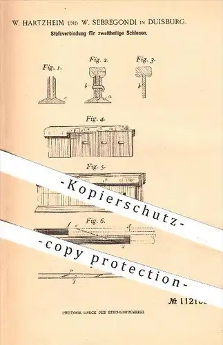 original Patent - W. Hartzheim und W. Sebregondi , Duisburg , 1898 , Stoßverbindung für zweiteilige Schienen , Eisenbahn