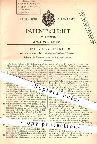 original Patent - Fritz Ketzer in Offenbach , 1904 , Herstellung englischen Pflasters , Pflaster , Gesundheit , Medizin