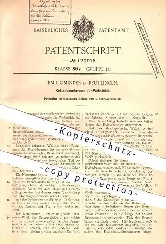 original Patent - Emil Gminder in Reutlingen , 1906 , Kettenbaumbremse für Webstühle , Webstuhl , Weben , Weber !!!
