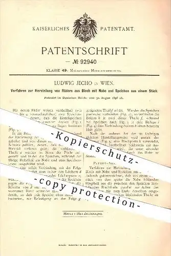 original Patent - Ludwig Jecho in Wien , 1896 , Räder aus Blech mit Nabe und Speichen , Rad , Metall !!!