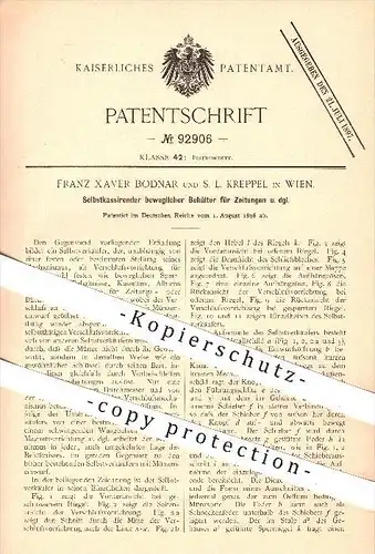 original Patent - Franz Xaver Bodnar und S. L. Kreppel in Wien , 1896 , Selbstkassierender Behälter für Zeitungen !!!