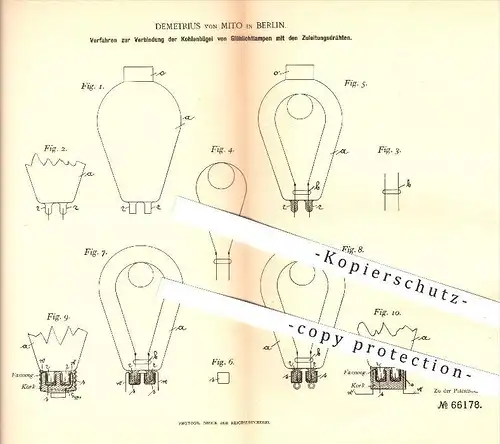 original Patent - Demitrius von Mito , Berlin , 1891, Verbinden der Kohlenbügel von Glühlichtlampen , Glühlampen , Licht