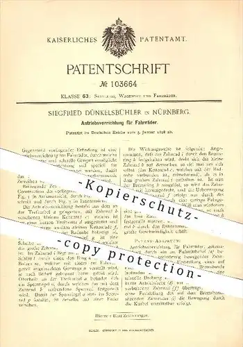 original Patent - Siegfried Dünkelsbühler in Nürnberg , 1898 , Antriebsvorrichtung für Fahrräder , Antrieb , Fahrrad !!