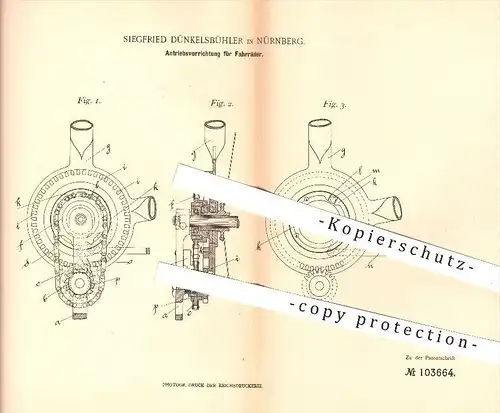 original Patent - Siegfried Dünkelsbühler in Nürnberg , 1898 , Antriebsvorrichtung für Fahrräder , Antrieb , Fahrrad !!