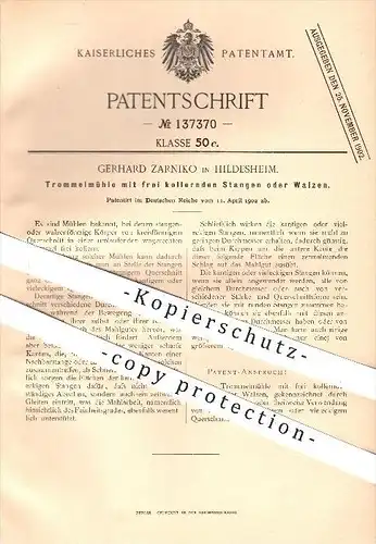 original Patent - Gerhard Zarniko in Hildesheim , 1902 , Trommelmühle mit frei kollernden Stangen , Walzen , Mühle !!!