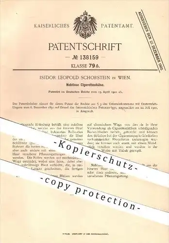 original Patent - Isidor Leopold Schorstein in Wien , 1902 , Nahtlose Zigarettenhülse , Zigaretten , Zigarettenpapier !