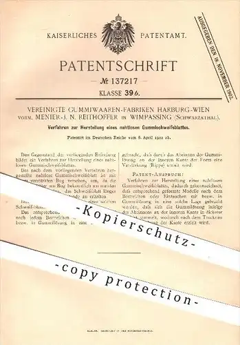 original Patent - Vereinigte Gummiwaren - Fabriken Harburg - Wien , Menier- J. N. Reithoffer , Wimpassing , 1902 , Gummi