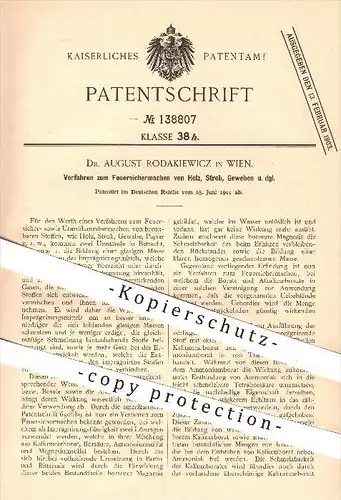 original Patent - Dr. August Rodakiewicz in Wien , 1901 , Verfahren zum Feuersichermachen von Holz , Stroh , Brandschutz