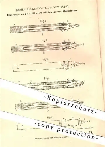 original Patent - Joseph Reckendorfer in New York , 1879 , Bleistifthalter mit beweglichen Klemmbacken , Bleistift !!!