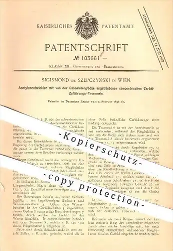 original Patent - Sigismond de Szepczynski in Wien , 1898 , Acetylenentwickler mit Carbid-Zuführungstrommeln , Gasometer