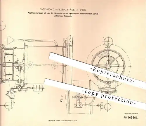 original Patent - Sigismond de Szepczynski in Wien , 1898 , Acetylenentwickler mit Carbid-Zuführungstrommeln , Gasometer