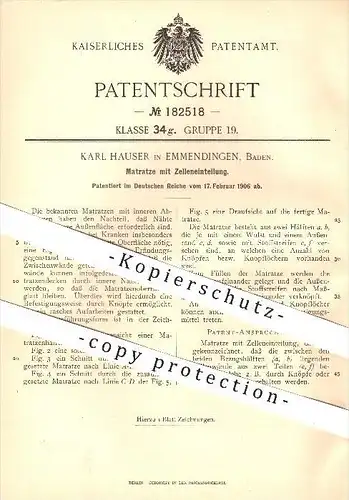 original Patent - Karl Hauser in Emmendingen , 1906 , Matratze mit Zelleneinteilung , Matratzen , Bett , Betten !!!
