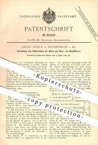 original Patent - Adolf Rösle in Heidenheim , 1894 , Hinterdrehen der Zähne von Stirn- u. Rundfräsern , Fräse , Fräsen !