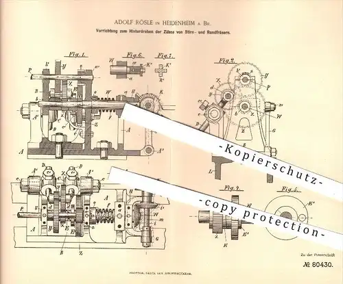 original Patent - Adolf Rösle in Heidenheim , 1894 , Hinterdrehen der Zähne von Stirn- u. Rundfräsern , Fräse , Fräsen !