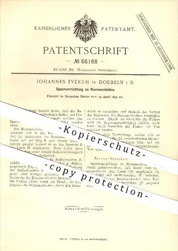 original Patent - Johannes Everth in Doebeln , 1892 , Spannvorrichtung an Resonanzböden , Musik , Musikinstrumente !!!