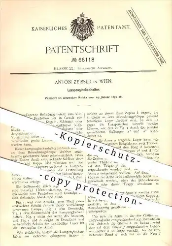 original Patent - Anton Zeisser , Wien , 1892, Lampenglockenhalter , Lampe , Lampen , Lampenschirm , Licht , Beleuchtung