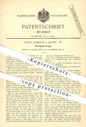 original Patent - Franz Habrich in Hagen , 1897 , Freitragende Treppe , Treppen , Treppenbau , Hochbau , Geländer !!!