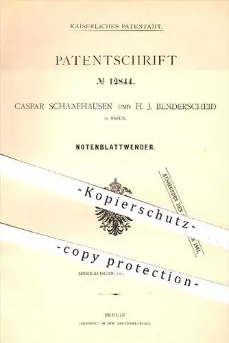 original Patent - Caspar Schaafhausen & H. J. Benderscheid , Essen , 1880 , Notenblattwender , Note , Noten , Musik !!!